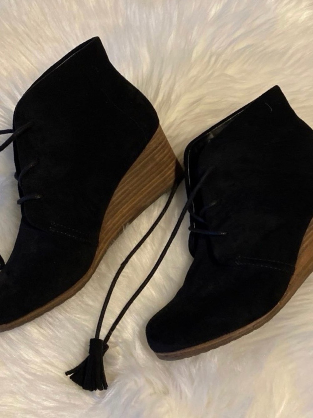 Dr. Scholl's Black Suede Lace-Up Wedge Booties with Wood-Look Heel